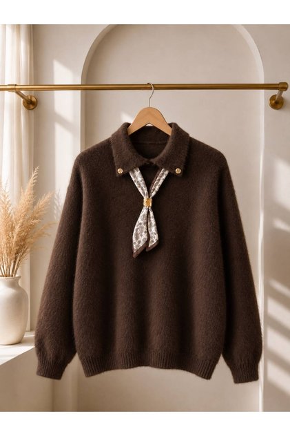 Scarf Polo Collar Pearl Buttoned Women's Beard Knitwear Sweater