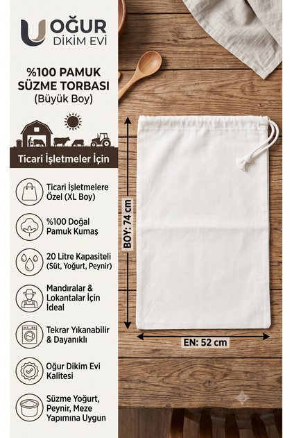 Milk, Cheese, MayÅŸe, Suma, Peynir, Yogurt, Straining Bag XL Size 52X74Cm Mouth Part with Drawstring 100% Cotton