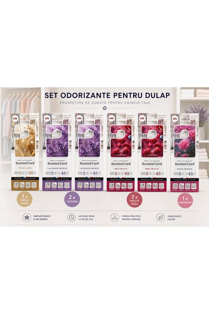 6 Pachete odorizante dulap si haine tip card: 4 arome - 18 carduri parfumate – 2x Lavanda + 1x Trandafir + 2x Fructe Rosii + 1x Fresh Linen