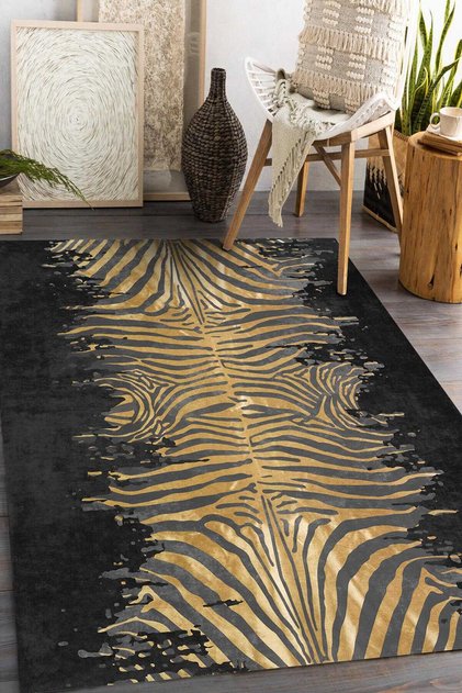Home Zebra Desen Pamuk Taban Baskılı Halı Siyah