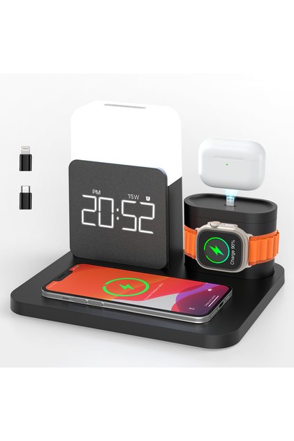 black 7-in-1 MagSafe Alarm Clock Charger-Wireless Station for iPhone 12-16/Samsung/Xiaomi/Huawei/App
