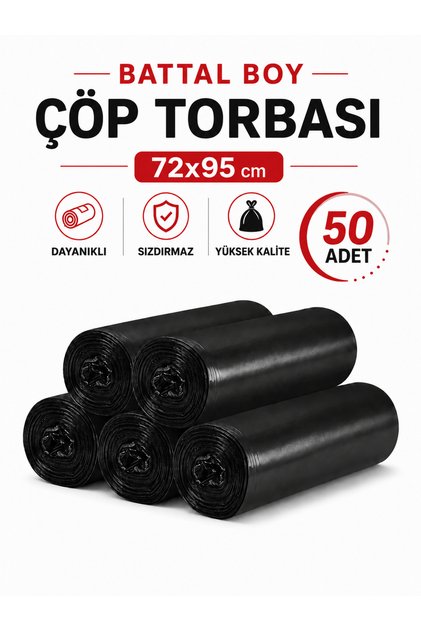 Çöp Torbası Battal Boy 10’lu 5 Rulo Kalın 72x95 Çöp Poşeti