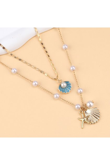 Blue 2026 Summer Double Layer Gold Plated Starfish Shell Pearl Necklace For Women Girls Ocean Beach