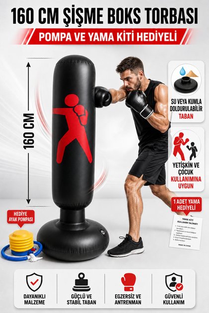 Şişme Boks Torbası – Yumruk & Tekme Antrenmanları için | Portatif Kickboks Torbası