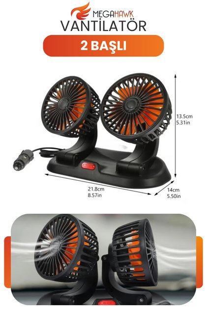 Çift Başlı Araç İçi Vantilatör 12V Çakmak Girişli Ayarlanabilir Oto Fan
