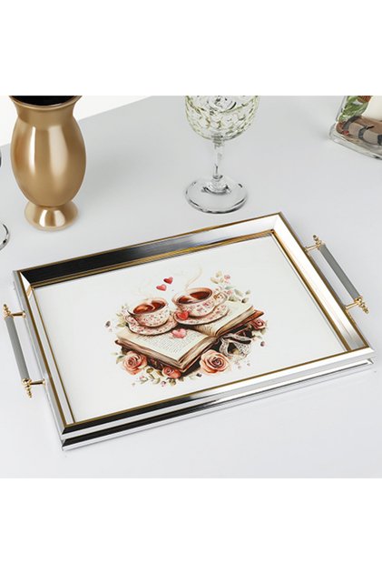 Book and Coffee Themed Silver-Edged Serving Tray, Rectangular Decorative Tea Coffee Presentation Tray with Handles 50X31Cm