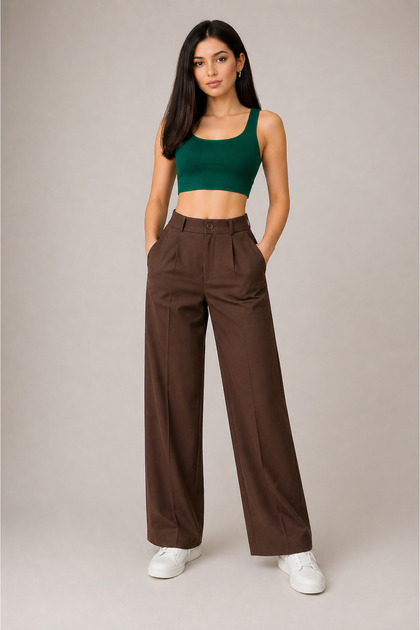 Women's High Waist Wide Leg Fabric Trousers Brown Relaxed Fit Stylish Casual Office Pants