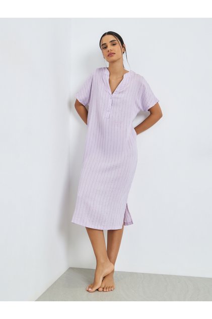Textured Double Striped Side Slit Viscose Blend Nightdress