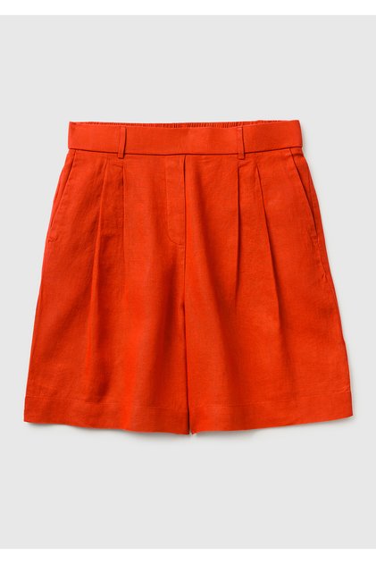 Women's red 100% linen bermuda shorts with elasticated back waist and pleated detail - relaxed fit