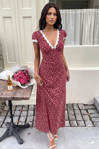 New Season Women's Short Sleeve Deep V Collar Lace Detailed Floral Patterned Long Single Jersey Dress