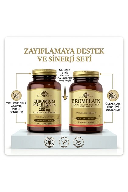 Bromelain 150 mg 60 Kapsül & Chromium Picolinate 90 Kapsül Destek Paketti