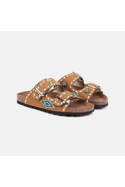 Women's Tan Double Metal Buckle Beaded Ethnic Patterned Suede Slippers