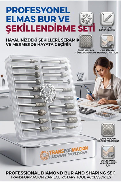 20 Parça Elmas Gravür Ucu Seti, Cam Oyma Mermer Şekillendirme Freze Uçları 6mm Şaft 723163