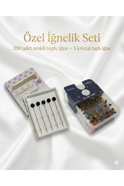 2'li Set Toplu İğne+Taşlı Eşarp Şal İğnesi Lüks Beyaz Kristal Özel Kutulu-Paslanmaz Çelik