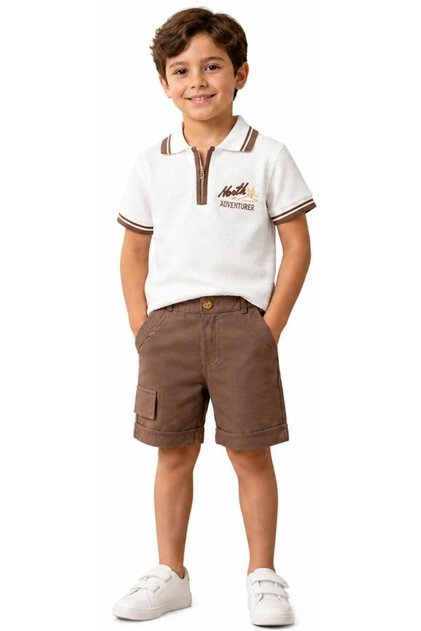 Boy's Knitwear Polo Collar Zipper Closure Letter Patterned Elastic Waist Linen Shorts Cream Color Two-Piece Set