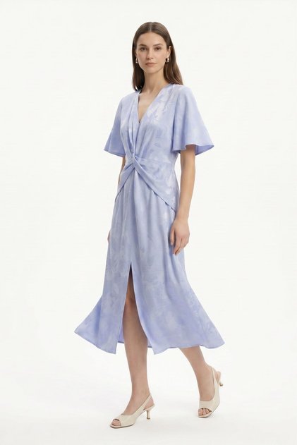 Blue V-Neck Belted Front Slit Midi Dress 251670