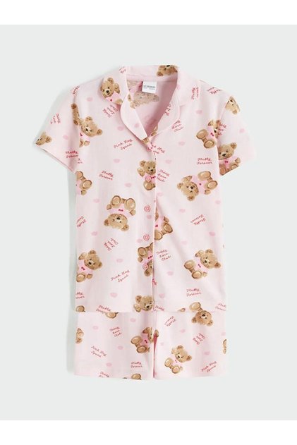 Teddy Bear Printed Girls' Shortie Pyjamas Set