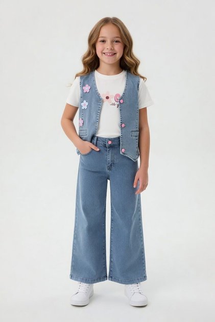 Blue Zero Sleeve Jean Vest, Wide Leg Pants, Embroidered Girls' 3-Piece Set 24019