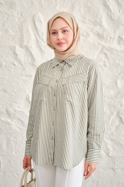 Women's Double Pocket Detail Striped Shirt Green