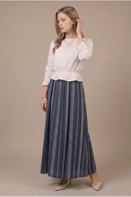 Women's Poplin Blouse with Print Detail Skirt 2-Piece Set
