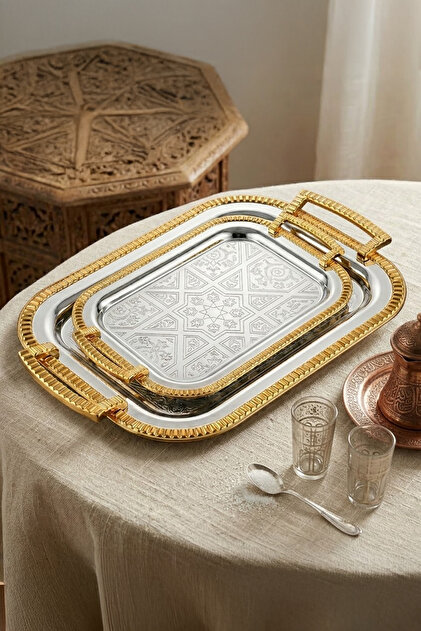 Gold Silver 2-Piece Ottoman Patterned Serving Tray Set for Tea and Coffee Presentation