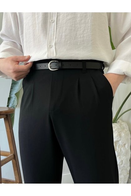 Baggy çift pileli siyah beli lastikli bol paça rahat kesim kaliteli baggy kumaş pantolon