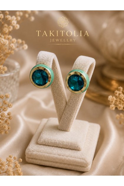 Rosen Blue Gold Detailed Zircon Stone Vintage Look Stylish Modern Women's Earrings