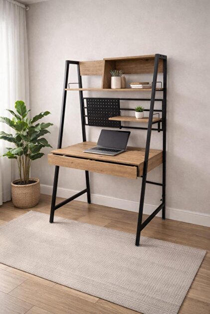 Modern Study Desk with Metal Frame and Organizer Shelves - Brown Wood