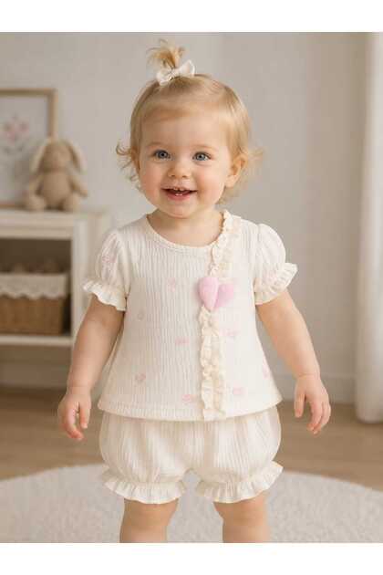Heart Detailed Muslin Fabric Top and Bottom Double Baby Girl Set