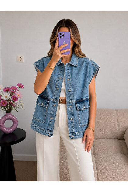 Düğmeli Denim Ceket Yelek