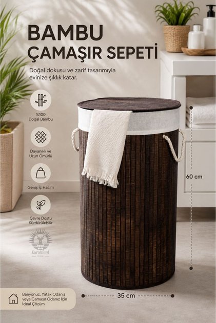 Bambu Kirli Çamaşır Sepeti Yuvarlak - Doğal Bambu KRW-19