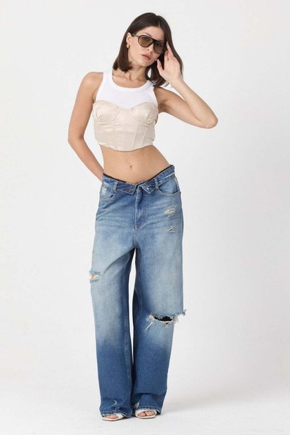 Whatsup double layered waist detailed ripped wide leg jean pants - blue