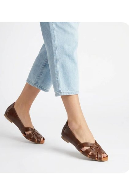 Genuine Leather Knitted Detailed Open Toe Casual Women's Ballerinas
