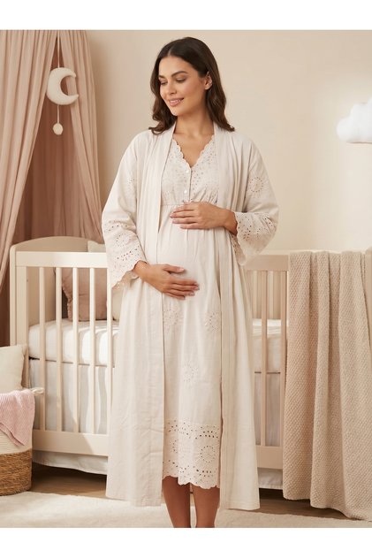 New Season Ecru Maternity Maternity Fisto Linen Summer Button Detailed Special Design Short Sleeve 100% Cotton Dressing Gown Nightgown Set