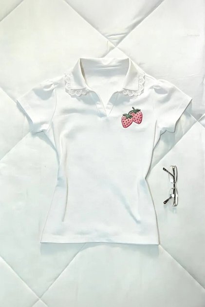 White Strawberry Lace Collar Detailed Y2K Short Sleeve Crop
