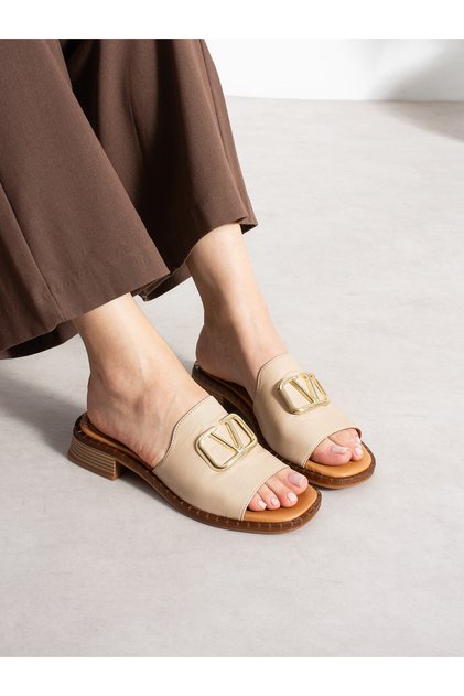 Mi̇lenor Cream Genuine Leather Women's Slippers