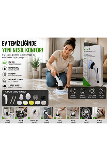 9’u 1 Arada Şarjlı Elektrikli Temizlik Fırçası – Güçlü ve Pratik Temizlik