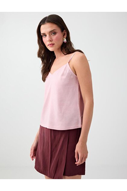 Fuchsia V-Neck Strappy Linen Blend Woven Blouse