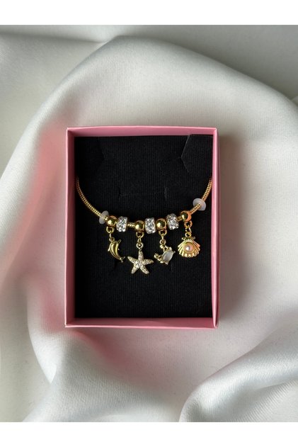 Summer & Sea Themed Gold Bracelet with Dolphin and Seashell Pearl Figures