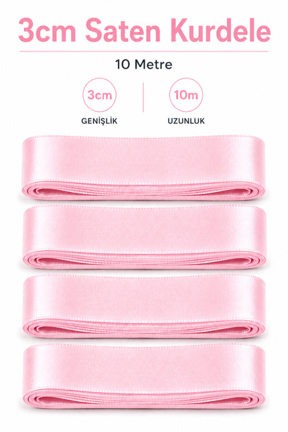 Pembe Saten Kurdele 3cm 10 metre Bobo Balon Süs Hediyelik Süs Pasta Süs Bohça Çeyiz