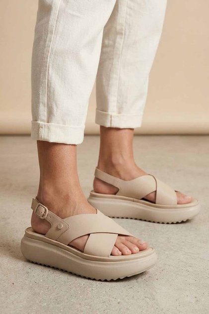 Women's Beige Genuine Leather Cross-Strapped Thick-Soled Sandals