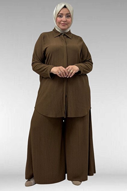 47073 Plus Size Wrinkled Trousers Suit - Brown
