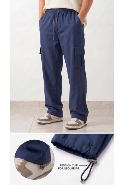 Pantaloni de trening largi pentru bărbați, albastru marin, din țesătură tip parașută, cu buzunare și cleme (tiv ajustabil)