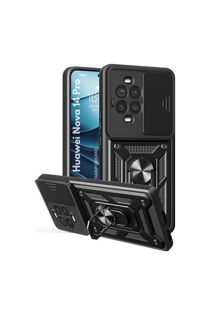 Huawei Nova 14 Pro Uyumlu Tank Kılıf Yüzüklü Standlı Extra Koruma Zırhlı Outdoor Kapak Siyah