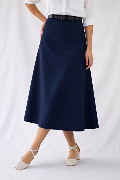 Belted Detail Midi Length Loose Navy Blue Woven Skirt