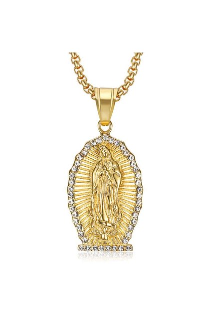Lant Unisex Cu Pandantiv Fecioara Maria, Medalion Religios de Lux Cu Cristale Zirconia, Din Otel Inoxidabil Premium, Culoare Aurie, Placat Cu Aur 18K