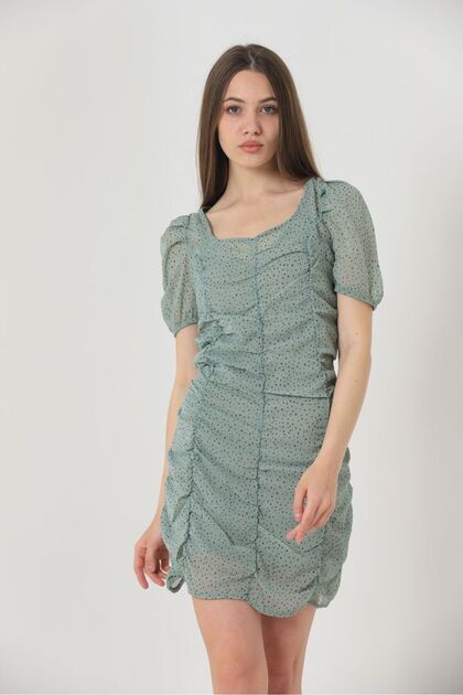 Çağla V-Neck Front Gathered Short Sleeve Dress |   D1678 - Çağla