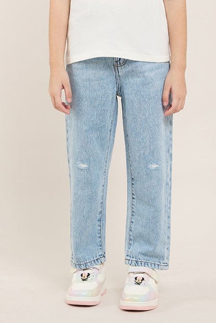 Destressed Straight Fit Jeans with Button Closure