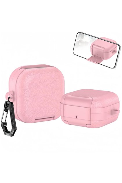Samsung Galaxy Buds 4 / Buds 4 Pro Case Cover, Leather Texture Protective Earbuds Cover with Phone Stand -Pink