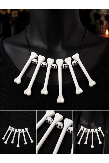 Halloween Kemik Kolye Kuru Kafa Boncuklu Beyaz Kemik Kolye Cadılar Bayramı Kostüm Aksesuarı